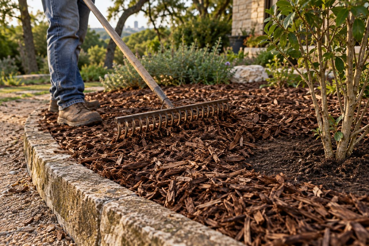 A rake spreading wood mulch through an existing bed while leaving space around a plant stem.