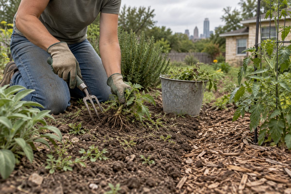 Hand weeding between established plants with a fork and a partly filled bucket.
